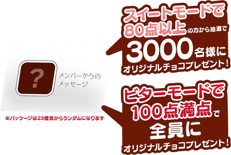 スイートモードで80点以上の方から抽選で3000名様にオリジナルチョコプレゼント! ビターモードで100点満点で全員にオリジナルチョコプレゼント ※パッケージは23種類からランダムになります